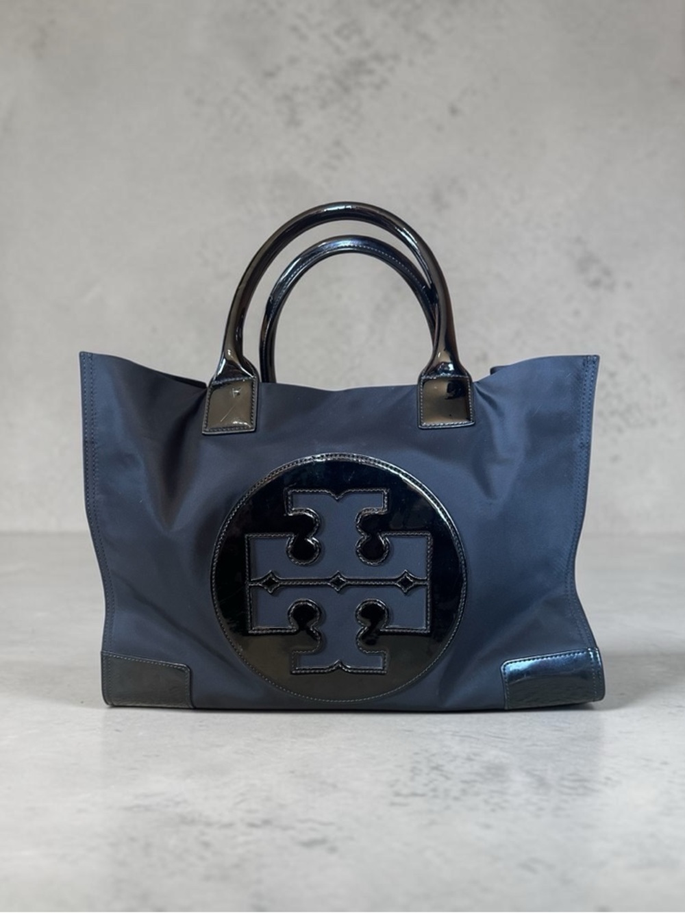 Tory Burch Ella Nylon Medium Patent Leather Logo Black Tote Purse Bag - Picture 2 of 14